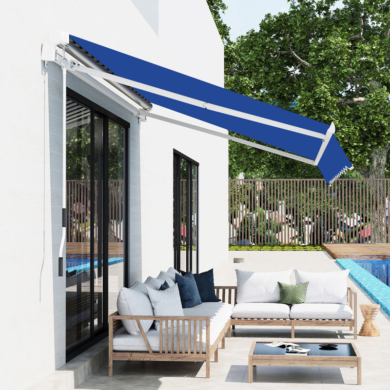 Auvent rétractable bleu pour terrasse 8 pi x 7 pi - Pare-soleil manuel extérieur pour terrasse réglable pour bloquer l'auvent et contrôler la chaleur