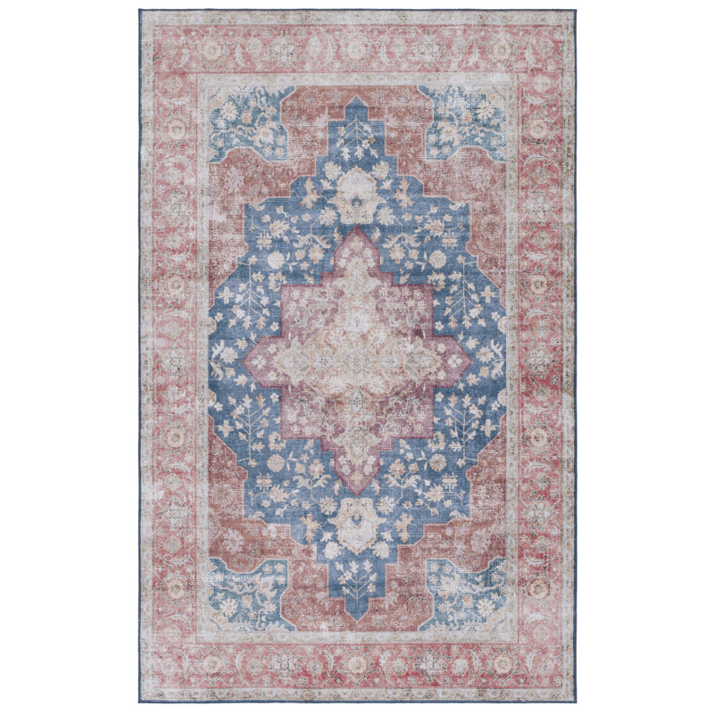 Tapis oriental en polyester tissé à la machine bleu marine / rouille, Rectangle 6 pi x 9 pi