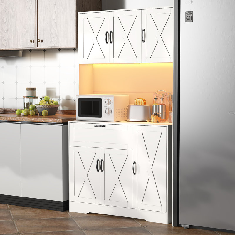 Armoire de cuisine 71 po avec support à micro-ondes, huche de cuisine moderne avec tiroir, tablettes réglables, lumière DEL et prises de courant pour la cuisine, la salle à manger et le salon