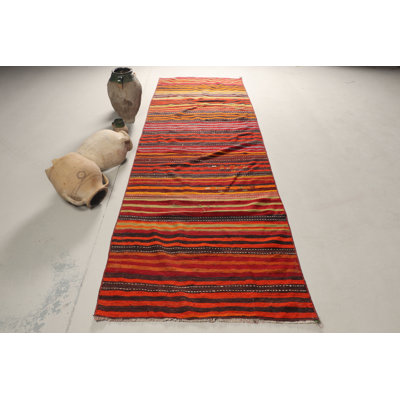 Vintage Turkish Kilim Runner Rug in Vibrant Red Perfect for Outdoor Use and Corridor Decoration