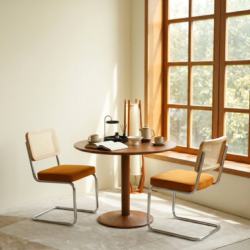 19.3" H Upholstered Side Chair with Cane Rattan Back and Metal Frame (Set of 2), Orange, Silver
