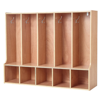 5-Section Kids Coat Locker, Wooden Toddler Cubby Storage Organizer with 10 Hooks & Non-Slip Mat, Modern Kid Coat Cubbies with 5 Small Open Storage Boxes for Home, Kindergarten, Daycare, Natural