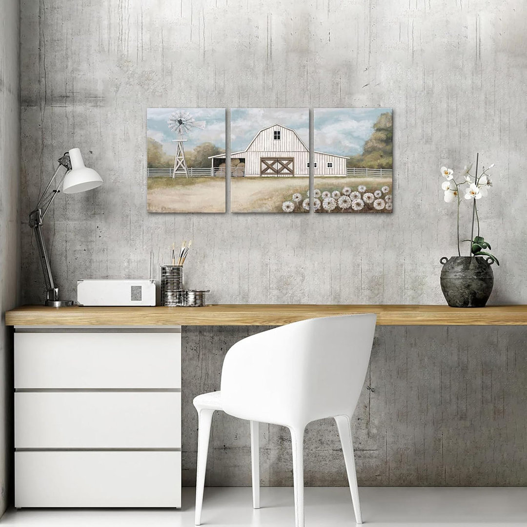 Visual Art Decor Farmhouse Wall Art Country Barn Windmill Painting Wall Decor Framed Artwork Farmhouse Landscape Wall Decor (White)