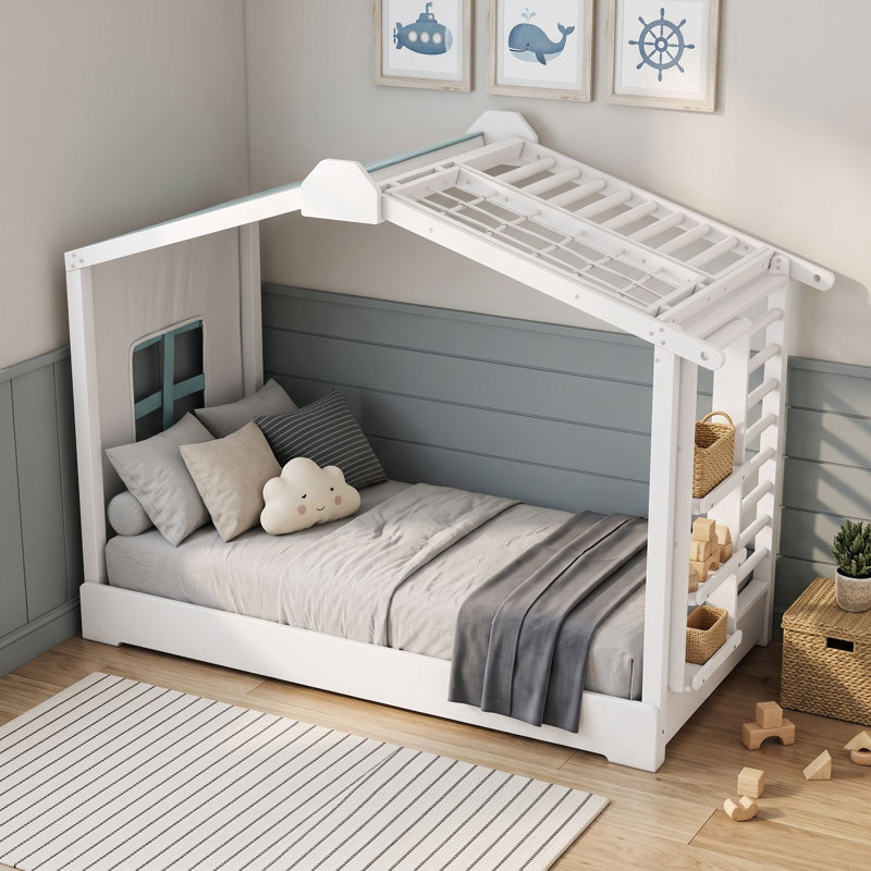 Lit simple en bois avec lit gigogne simple et tablettes latérales, White