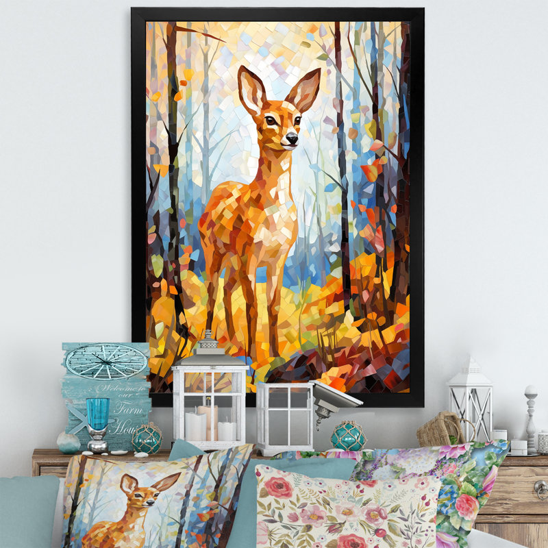 «Deer Mosaic Forest Wildlife», reproduction sur toile, Cadre simple noir, H 20 po x l 12 po x P 1 po