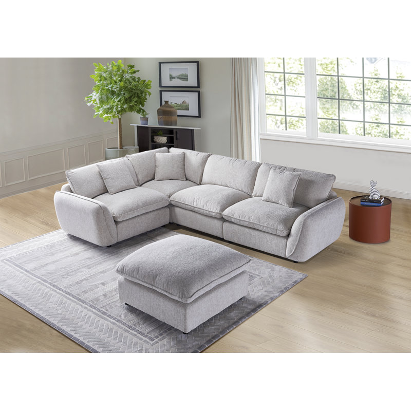 Upholstered 5 Piece Sectional Sofa Cloud Couch With Movable Ottoman, Light Gray Polyester
