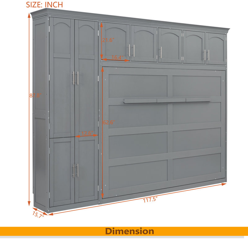 Grand lit escamotable mural avec armoires, Gris