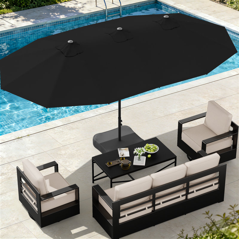 Ensemble de canapé d'extérieur pour 5 personnes, chaises pivotantes et table basse avec parasol noir et coussins beiges en aluminium 5 personnes