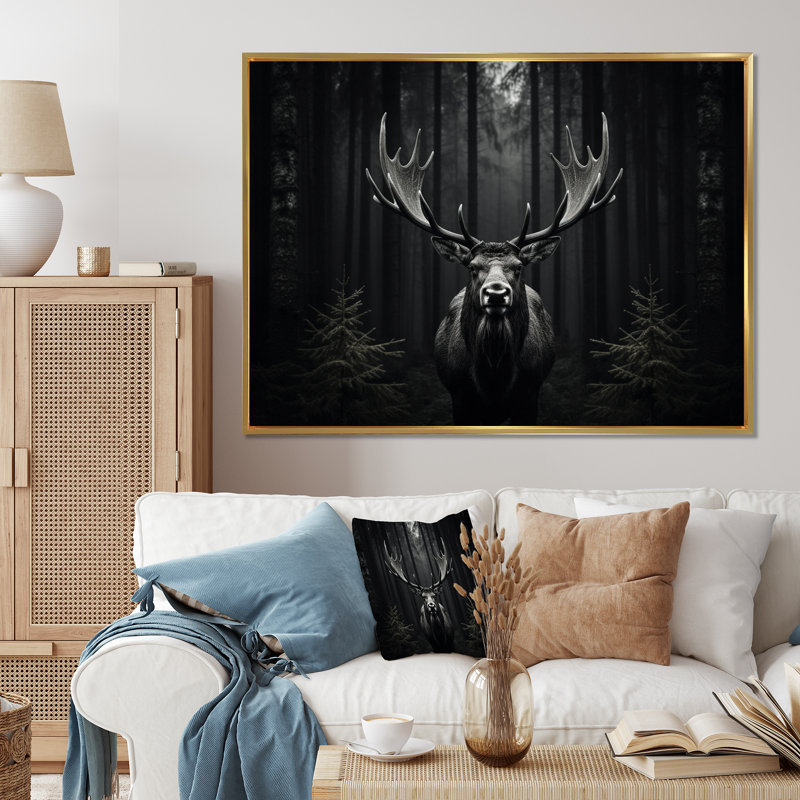 Black White Moose Monochrome Framed On Canvas Print, Cadre flottant doré, H 30 po x l 40 po x P 1,5 po