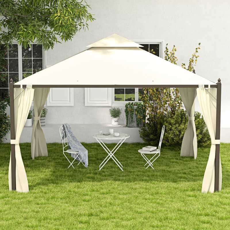 Pavillon de jardin extérieur avec rideaux. 10 pi x 12 pi, structure en acier, toit. Endroit relaxant. Beige pour utilisation en patio. Fabrication, intimité