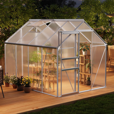 6x8 FT All-Season Walk-In Polycarbonate Greenhouse, Aluminum Frame with Adjustable Roof Vent & Sliding Door, for Patio, Backyard or Apartment Gardening - Original Color