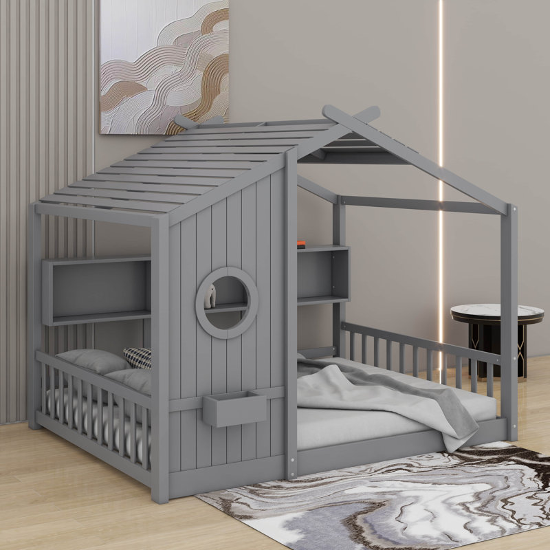 Lit double pleine grandeur avec tablettes de rangement, lit maisonnette avec toit, Gris, Double