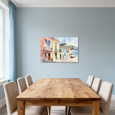 Scenic & Cityscapes Colorful Mediterranean Street Scene Watercolor Art