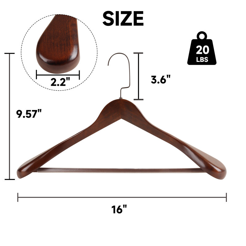  Paquet de 6 cintres en bois de qualité supérieure pour épaules larges, cintres robustes en bois massif de 16 pouces pour costumes et manteaux (noyer)