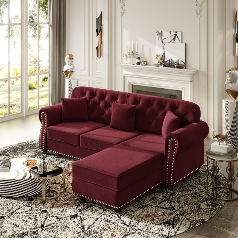 Canapé Chesterfield rembourré en velours avec garniture cloutée et accoudoirs roulés, canapé de style Mid-Century moderne capitonné, comprenant 1 repose-pieds