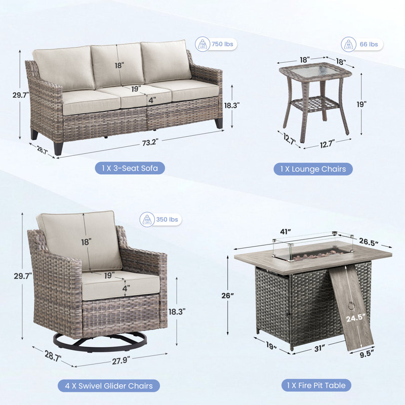 Ensemble de mobilier de patio avec table de foyer, ensemble de conversation 7 pièces toutes saisons avec chaises berçantes pivotantes, canapé moderne pour la cour arrière, terrasse