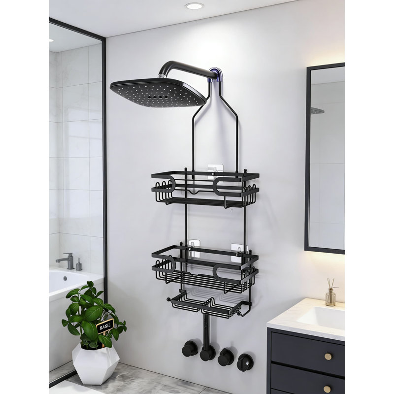 Serviteur de douche antirouille avec 12 crochets et 2 porte-savons - Organisateur de salle de bain sans perceuse, tablette de pomme de douche en acier inoxydable, noir