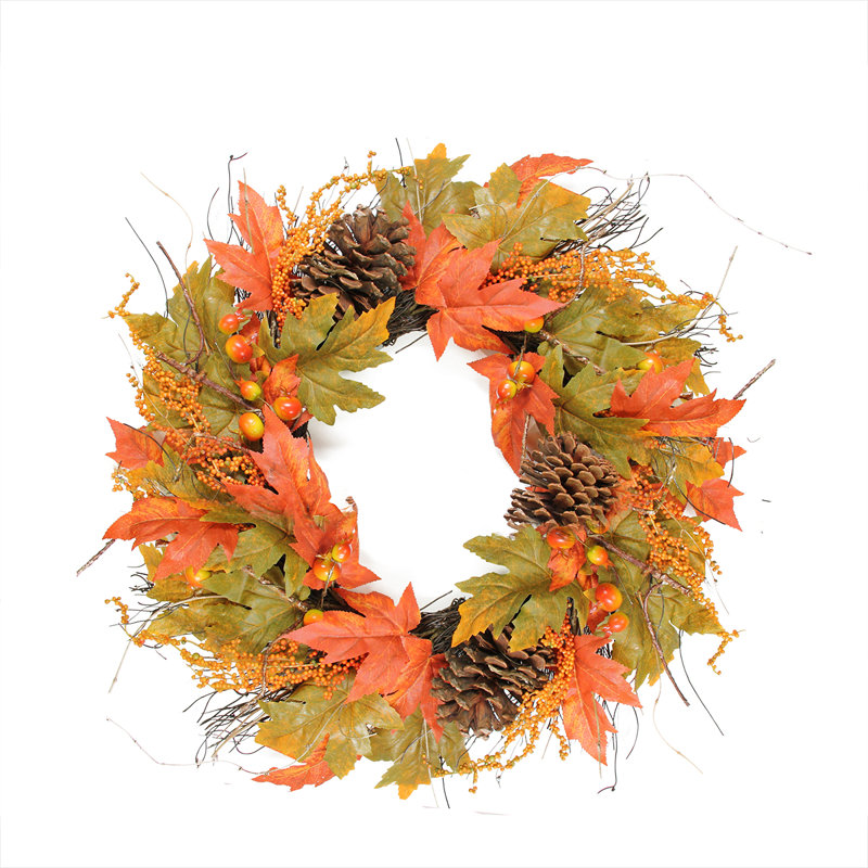 Couronne de l'Action de grâce artificielle 24 po non éclairée avec feuilles d'automne et citrouilles