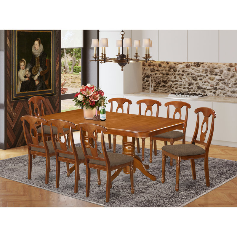 9 Piece Kitchen Table Set Includes a Rectangle Dining Table with Butterfly Leaf and 8 Linen Fabric Dining Room Chairs, 40x78 Inch, Saddle Brown