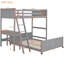 Lit superposé simple au-dessus d'un lit double gris avec bureau de travail - Bureau en bois massif-76690301-76690291