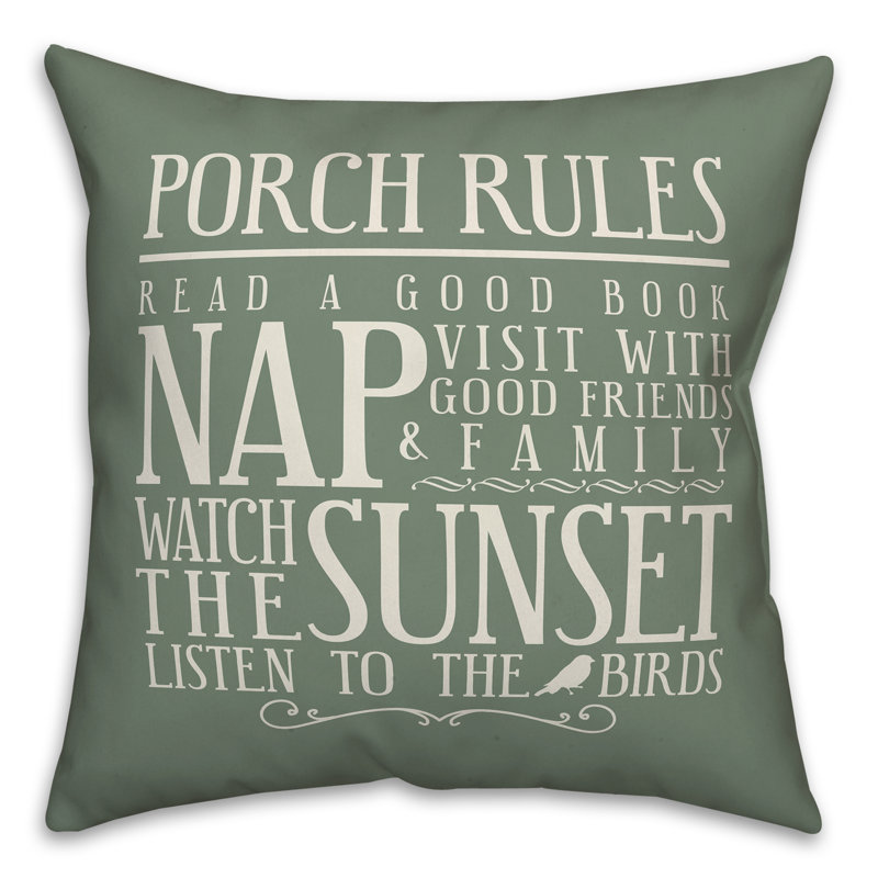 Porch Rules Outdoor Square Pillow Cover & Insert, Green