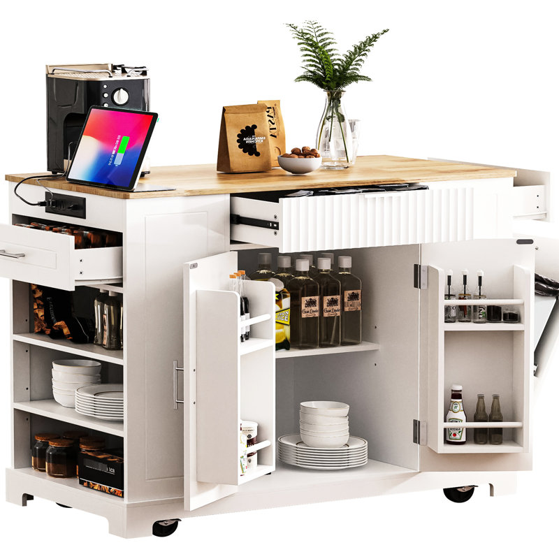 Stylish Kitchen Island Featuring Trash Bin Storage, 5 Wheels, 3 Drawers, Power Charging Station, White Finish Modern With Concealer, Adjustable Shelves, Open Side Shelves