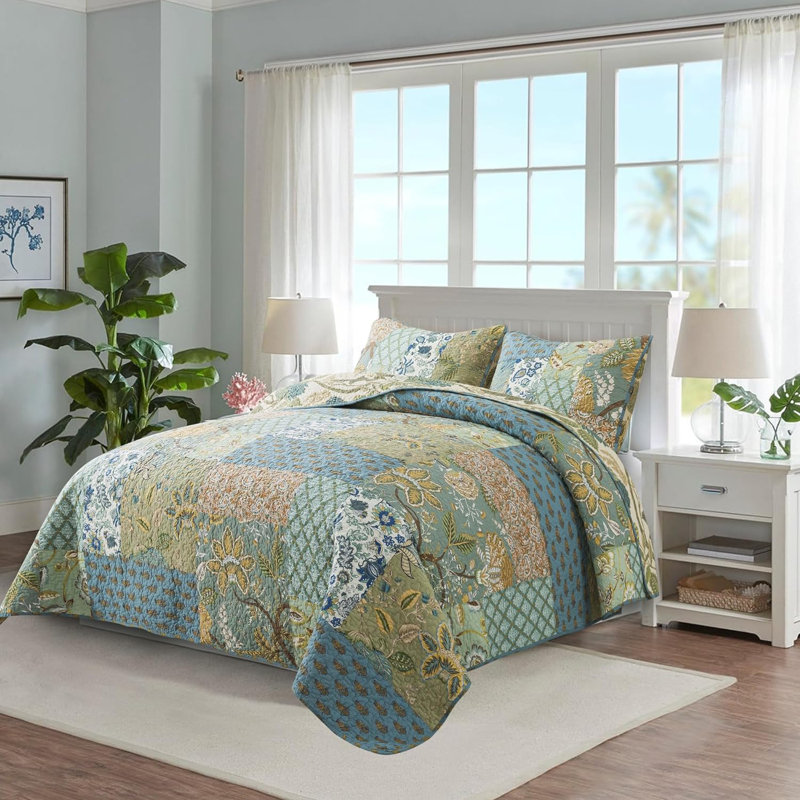 HoneiLife Queen Size 3-Piece 100% Cotton Patchwork Bedding Set, Classic American Handmade Quilt with Matching Pillow Shams，Green
