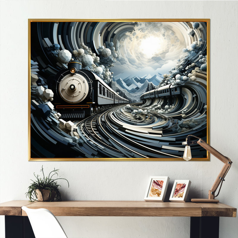 " Train Geometric Momentum I ", 16" H x 32" W x 1" D, Gold Floater Framed