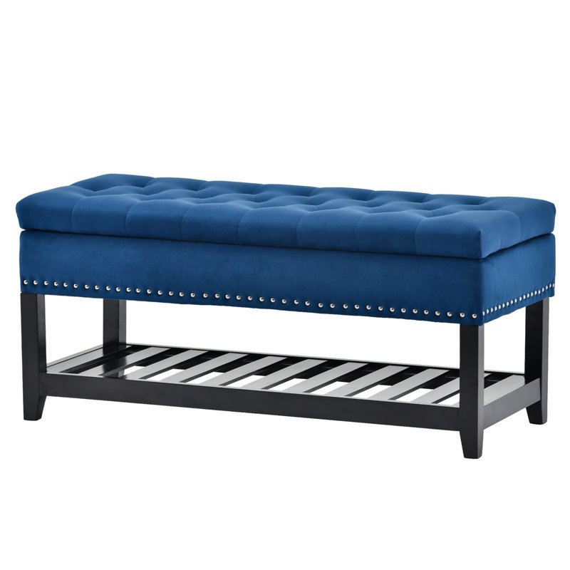 Banc de rangement en bois massif Radwa, Bleu marine
