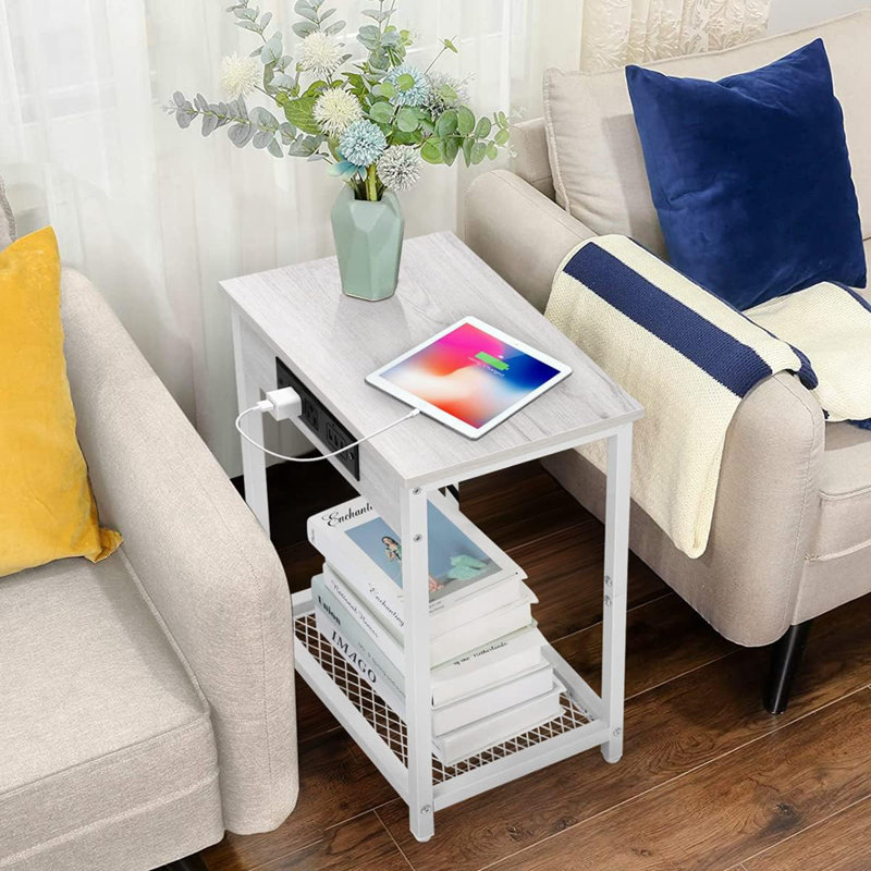 Wellfleet End Table and Built-In Outlets, White, White