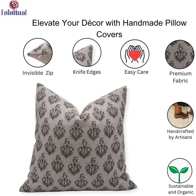 Block Print Throw Pillow Cover, 21 Thick Linen Vintage Cushion Cover, 20" x 20"