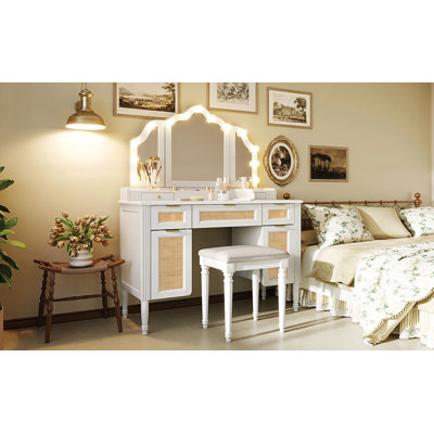 44.37 Inch Makeup Vanity Desk with 13 Hollywood Bulbs and 3 Lighting Modes, Dressing Table with Tri-Fold Mirror and Ample Storage