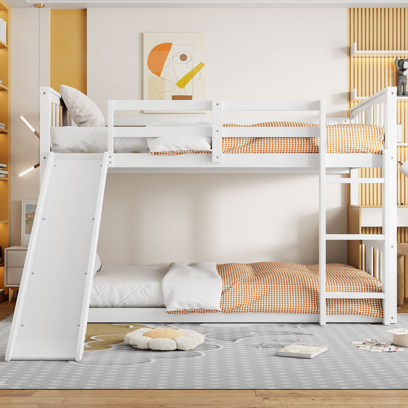 Lit superposé simple au-dessus de simple avec glissière et échelle, Blanc