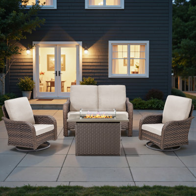 4 - Person Patio Conversation Sets Wicker Outdoor Furniture Set With Comfy Cushions, High Back Patio Furniture Set With Swivel Rocking Chairs And Fire Pit Table