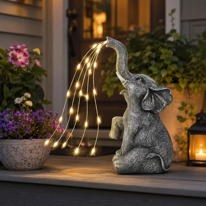 Statue de jardin solaire éléphant, jet d'eau DEL, 10,6 po