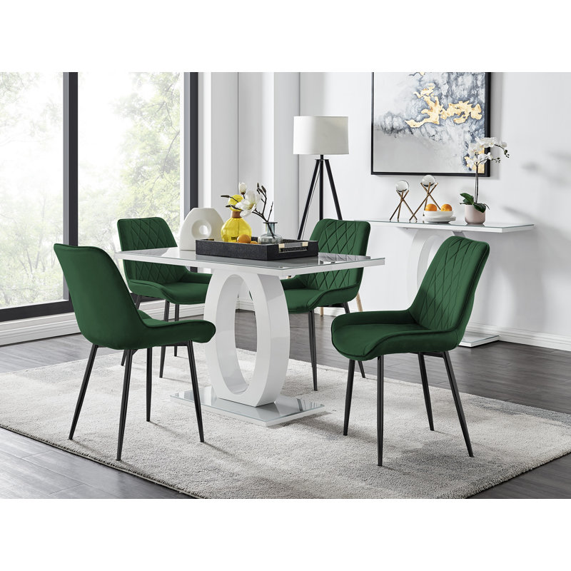Scottsmoor Modern High Gloss & Glass Dining Set - 4 Luxury Velvet Mid-Century Upholstered Chairs, Green/Black