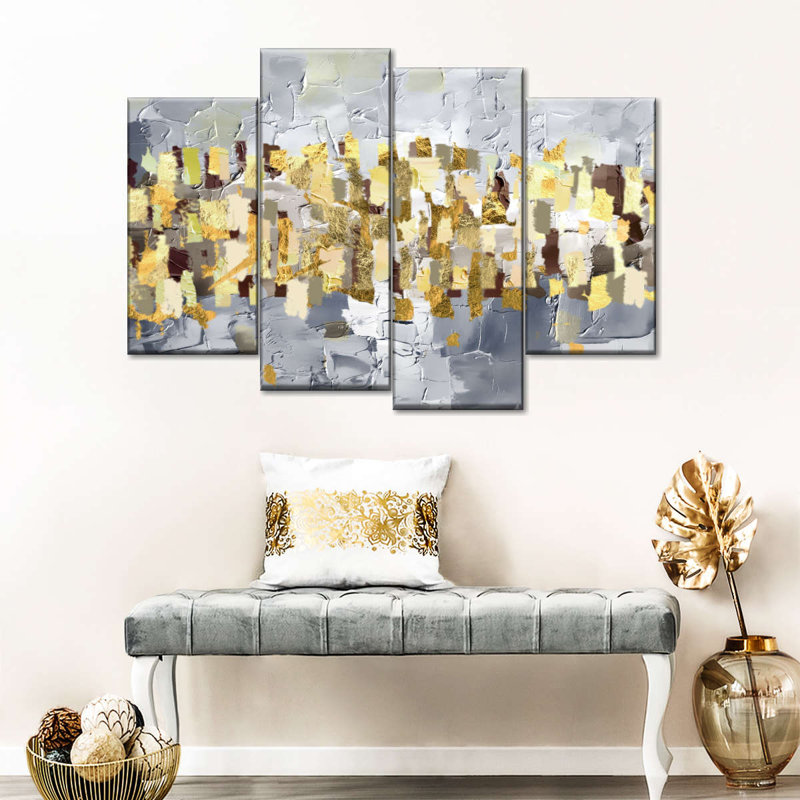 Abstrait abstrait or et argent sur toile, ensemble de 4 pièces par Alexander B, H 22 po x l 36 po