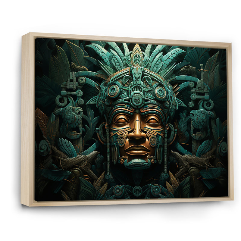 Maya Magic Aztec Mask I - Art mural mexicain, H 34 po x l 44 po x P 1,5 po, Cadre naturel flottant