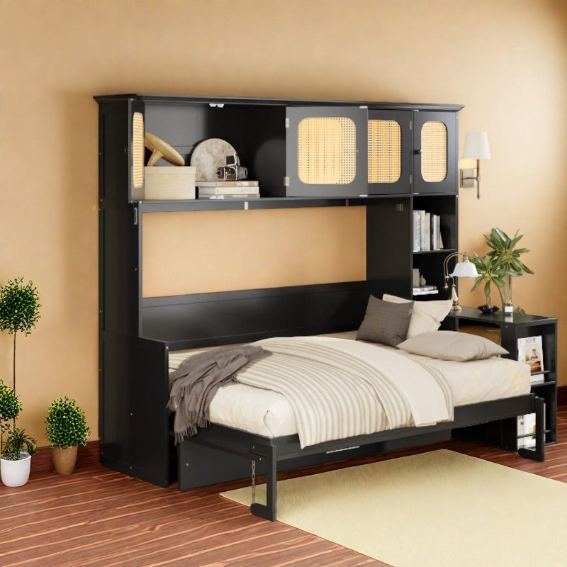 Lit escamotable complet peu encombrant, rangement en bois aggloméré, bureau à domicile moderne en rotin
