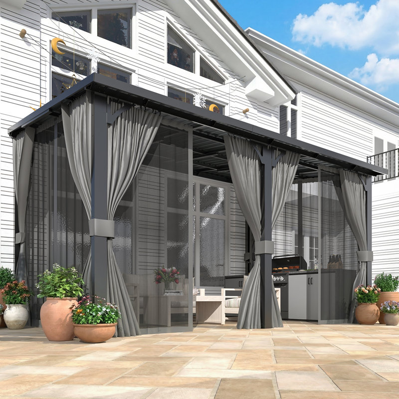 Outdoor Hardtop Metal Gazebo For Patio With Curtains And Mosquito Netting, 98.4" H x 168.6" W x 95.64" D, Gray/Beige