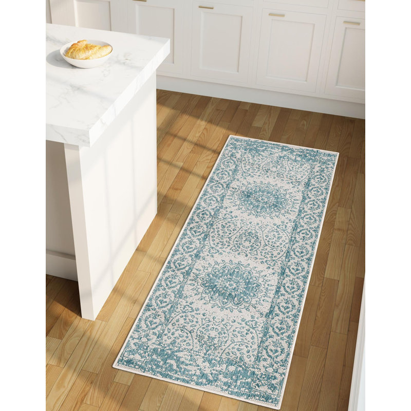 Contemporary Hintz Area Rug Aqua Color, Runner 2' x 8'