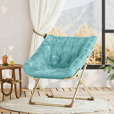 Rabbit Fur Saucer Chair Foldable Lounge Chair with Metal Frame Comfy Accent for Kids Teens and Adults No Assembly Indoor Sofa Seat Green