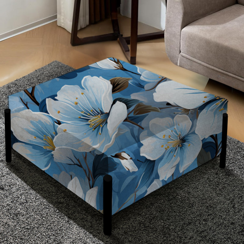 Motif floral blanc et bleu II - grand repose-pieds carré floral