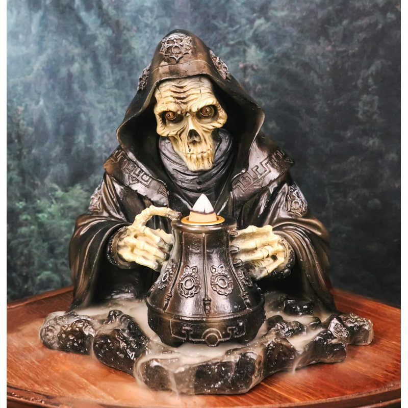 Grim Reaper Skeleton Wizard Chanting Spells Backflow Incense Cone Burner Statue