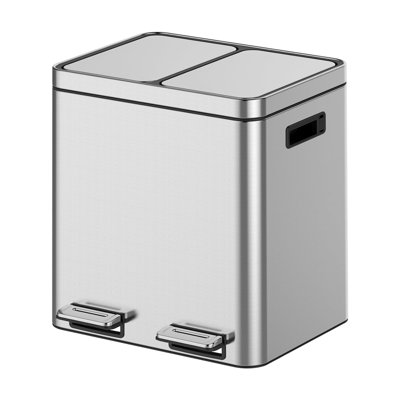 Stainless Steel Double Compartment Trash Can, Foot Pedal, Soft Close Lid, Removable Buckets, Fingerprint Resistant