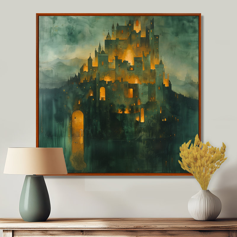 Art mural vert vert et jaune de la Forteresse majestueuse I, Toile avec cadre flottant brun, H 30 po x l 30 po x P 1 po