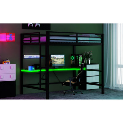 Lit de jeu noir pleine grandeur avec bureau et DEL - Métal stable, à utiliser de façon créative à des fins éducatives, facile à installer, sans bureau à ressorts, se fixe et se transforme en un espace de détente