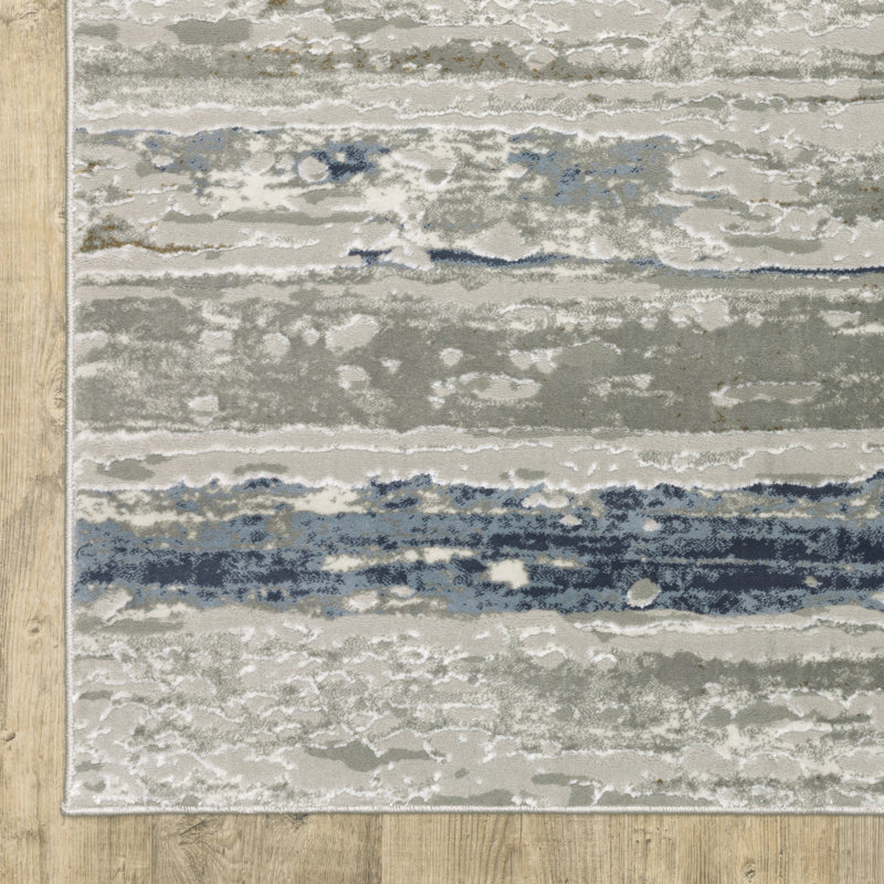 Tapis abstrait bleu 5 pi x 8 pi bleu ivoire, bleu clair et brun résistant aux taches, Rectangle 5 pi x 8 pi