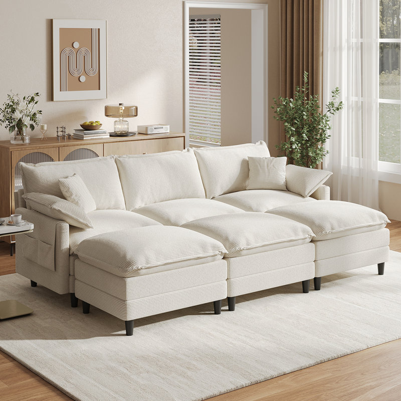 108'' Comfy U Shaped Sectional Modular 6-piece Cloud Sofa With 3 Ottomans Tool-free Easy Assembly Corduroy Fabric, Beige