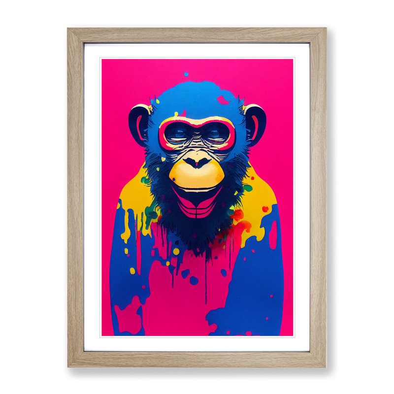 Paint Drip Monkey No.1 - Wall Art, 64cm H x 46cm W x 2cm D, Oak Framed